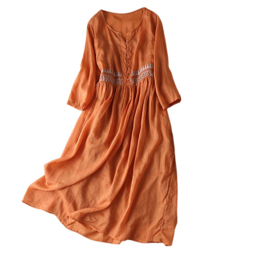 Cotton Casual Dress Elegant Ethnic Embroidered Midi Dress with High Waist Doubl image 0