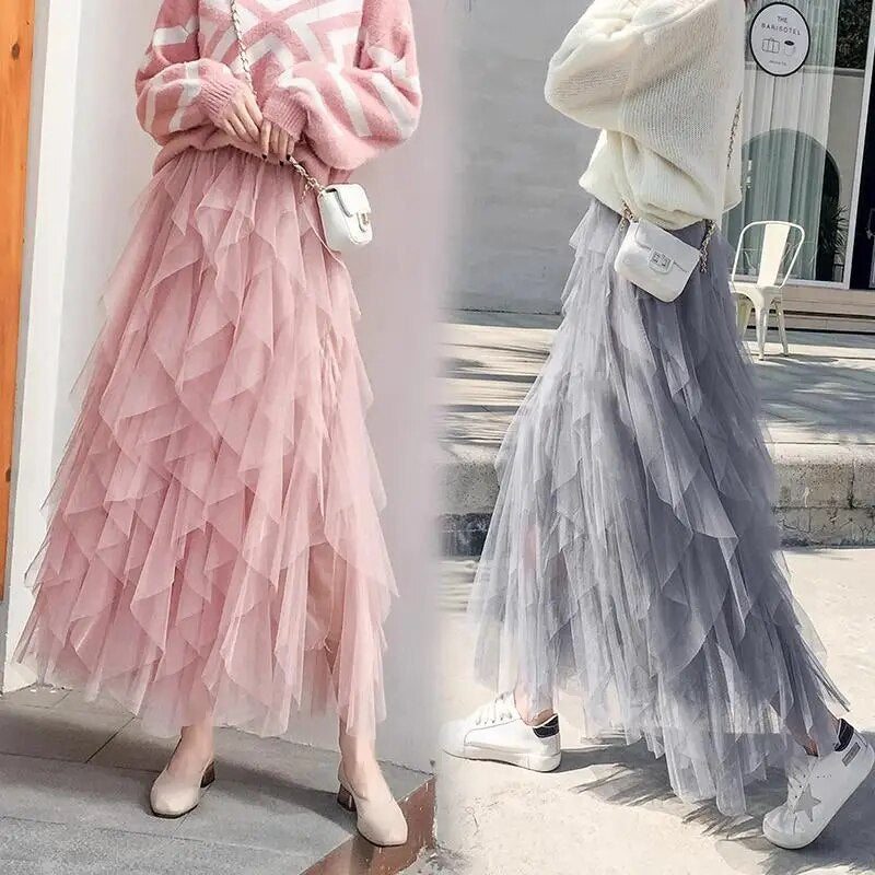 Tutu Tulle Long Maxi Skirt Women Fashion Korean Cute Pink High Waist Pleated Sk image 1