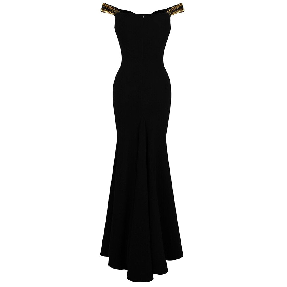 Angel-fashions Women's Boat Neck Formal Black Dress Gold Sequin Slit Evening image 5