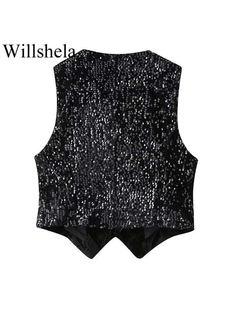 Willshela Women Fashion With Sequined Black Sleeveless Jackets Waist Vintage V- image 1