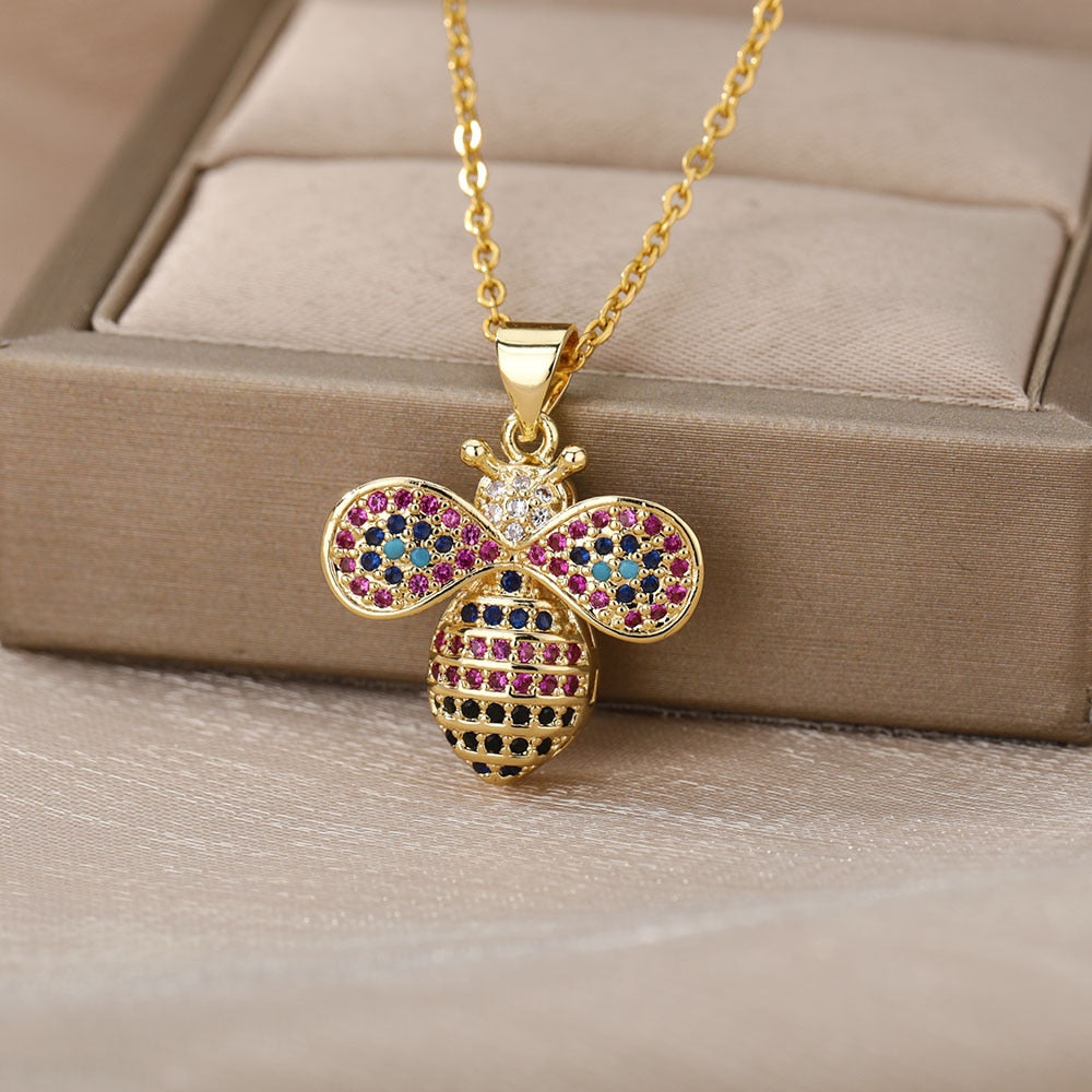 RXSMll Bee Pendant Necklace For Women Luxury Colorful Zircon Gold Plated image 5