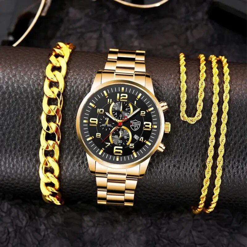3PCS Fashion Mens Gold Necklace Bracelet Watches Set Men Business Casual Stainl image 1