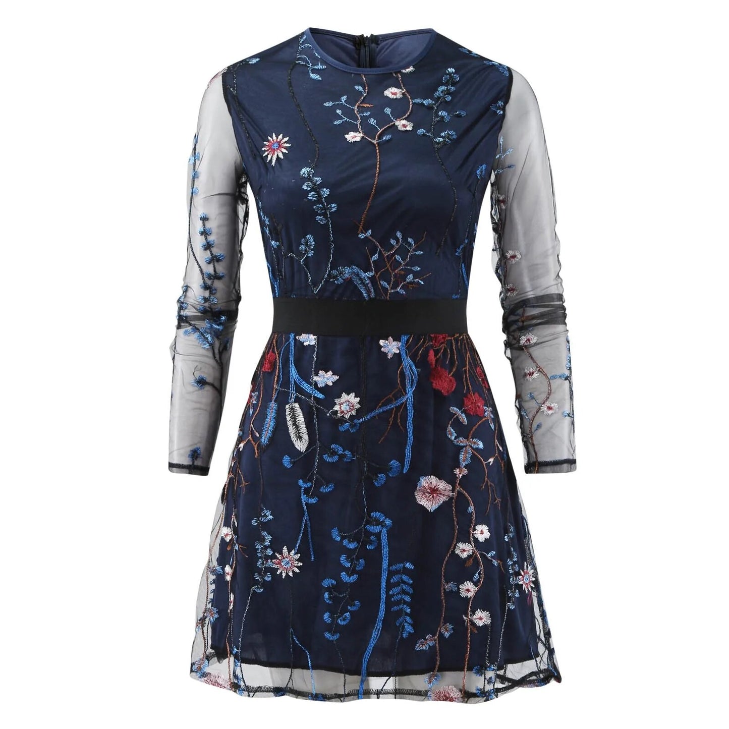 Women Double Layer Mini Dress Floral Embroidered Mesh Patchwork Long Sleeve O-N image 5