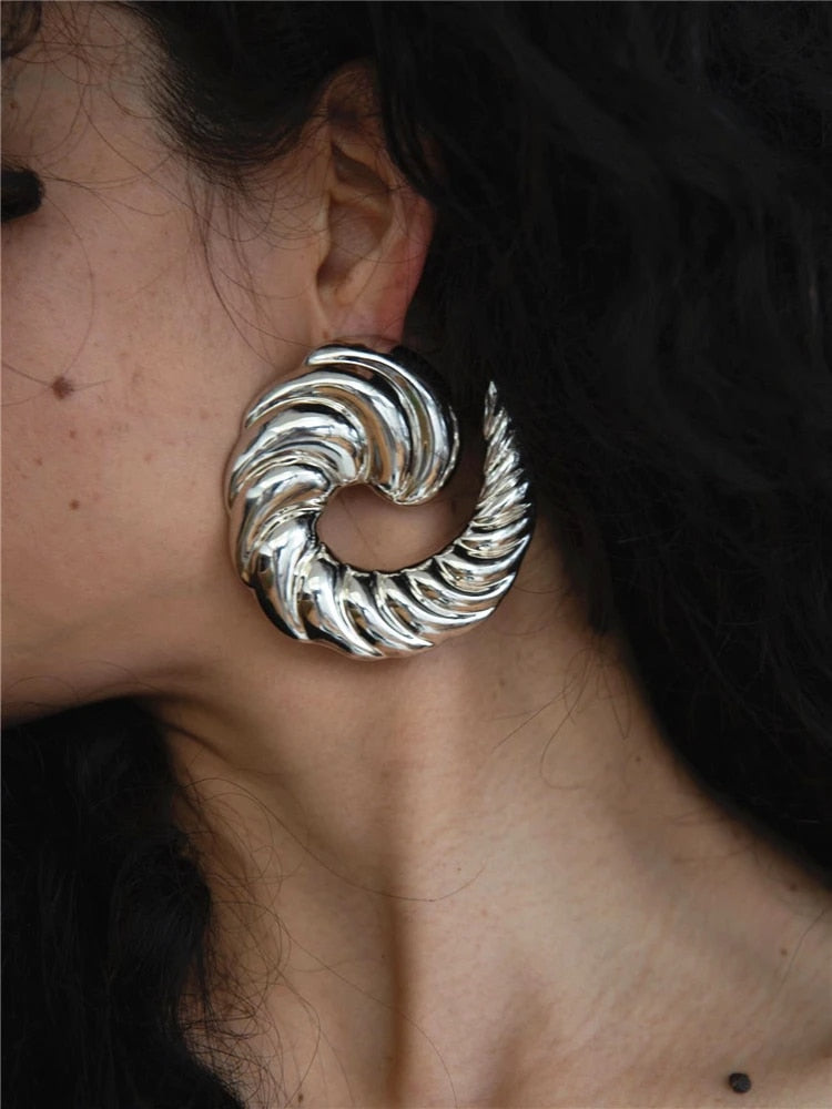HangZhi New Design Cowhorn Vortex Stud Earring Geometric Gold Sliver Color Spir image 11