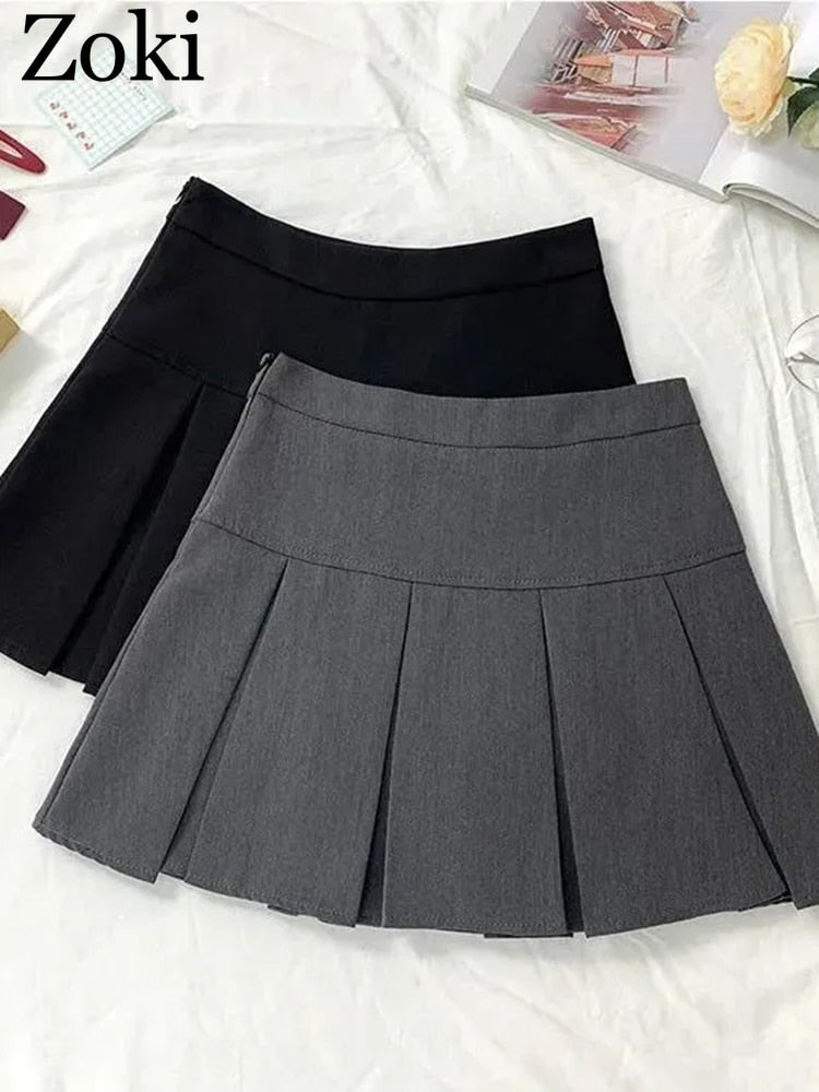 ZOKI Vintage Gray Pleated Skirt Women Kawaii High Waist Mini Skirts Korean Fas image 4
