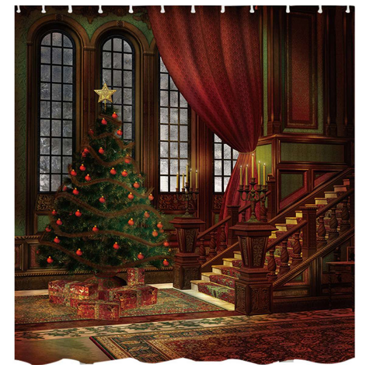 Merry Christmas Bathroom set Christmas Tree Pattern Waterproof Shower Curtain T image 4