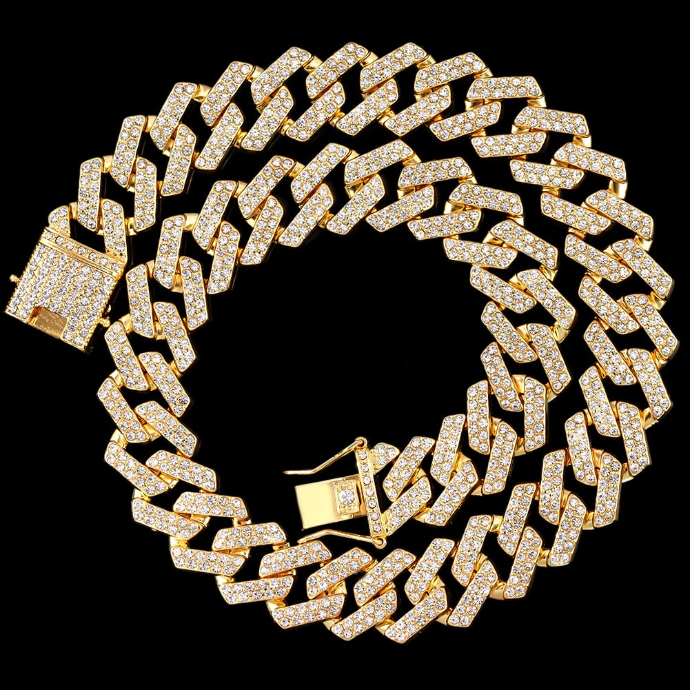 Hip Hop Men Iced Out Chain Prong Rhombus Cuban Link Necklace 14/20MM width Gold image 5
