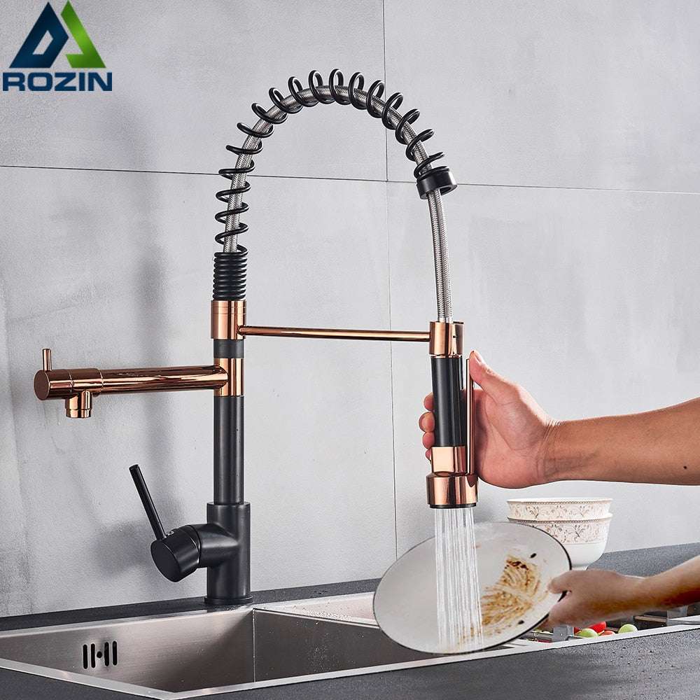 Rozin Black and Rose Golden Spring Pull Down Kitchen Sink Faucet Hot & Cold Wa image 1