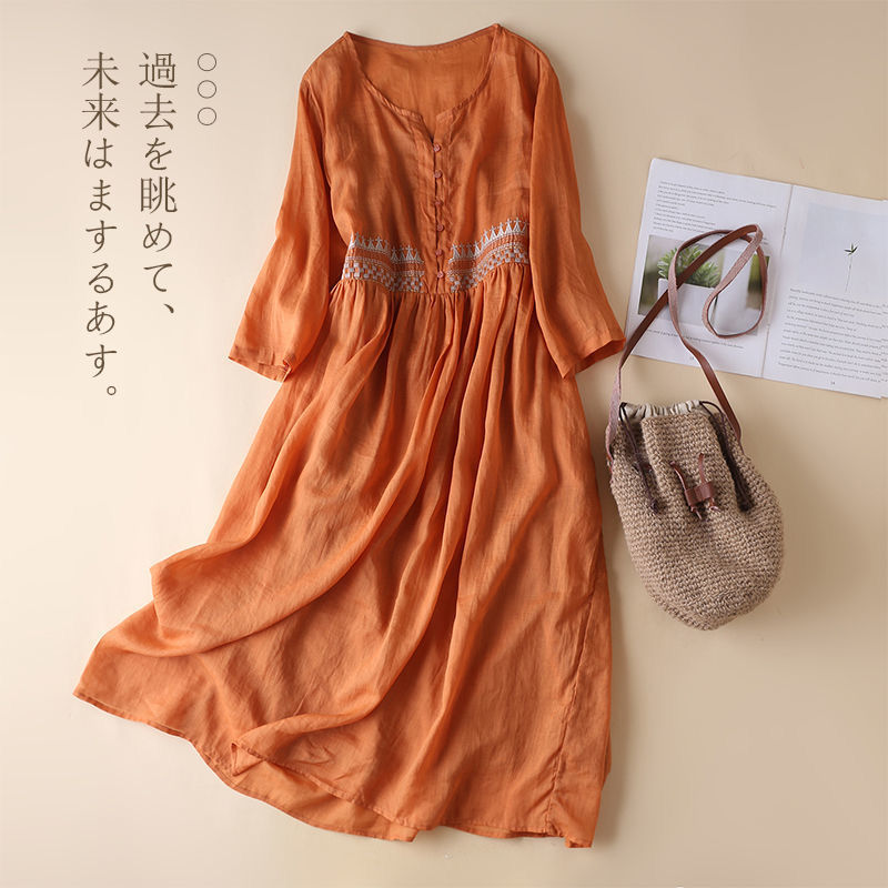 Pocket Ethnic Style Midi Dress O-neck Button Long Skirt Casual Elegant Holiday image 1