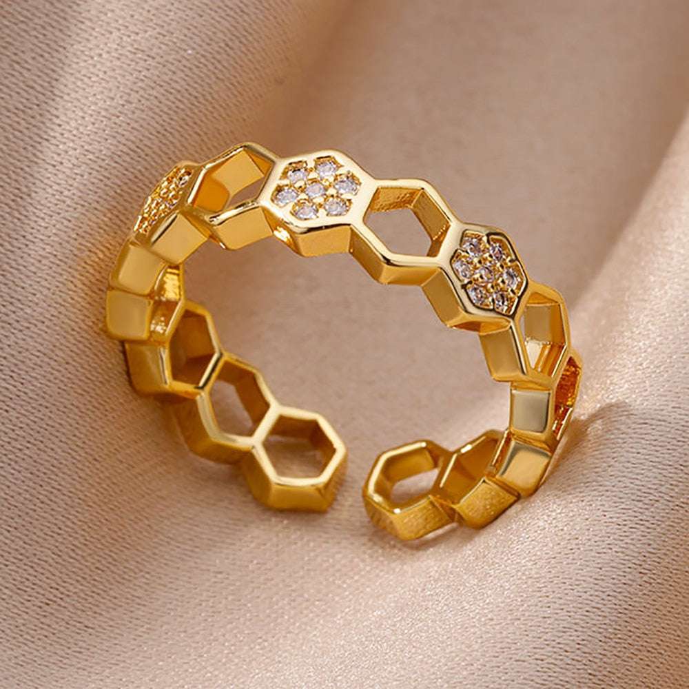 Fashion Gold Color Stainless Steel Rings For Women Chain Hollow Out Crystal Zir image 1