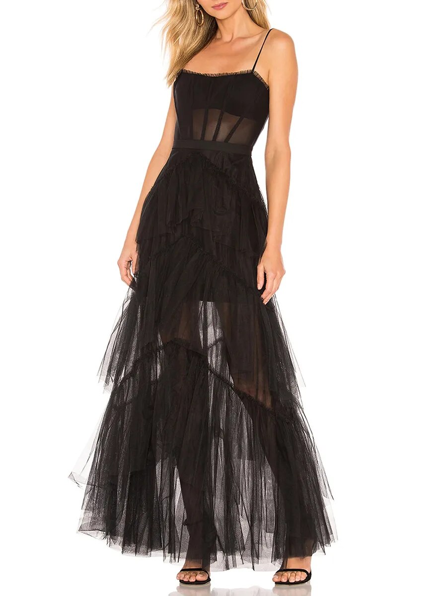Summer Women Sleeveless Tulle Dress Layered Ruffle Hem Long Party Dress for Coc image 0