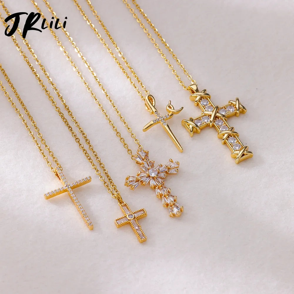 Zircon Cross Pendant Necklace for Women Gold Plated Stainless Steel Collar Neck image 1