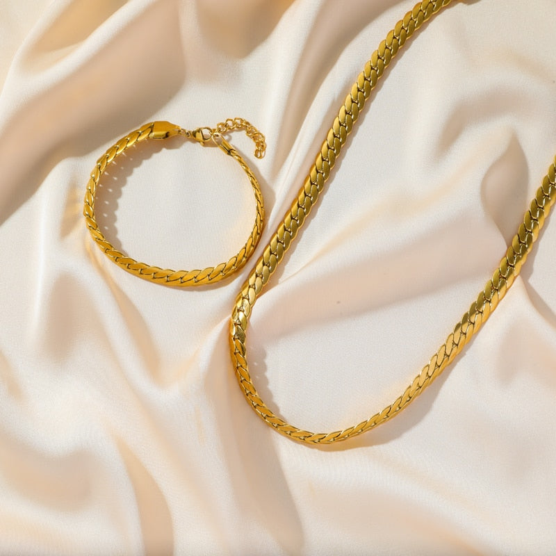 EILIECK 316L Stainless Steel Gold Color Flat Wide Chain Necklace Bracelet For W image 4