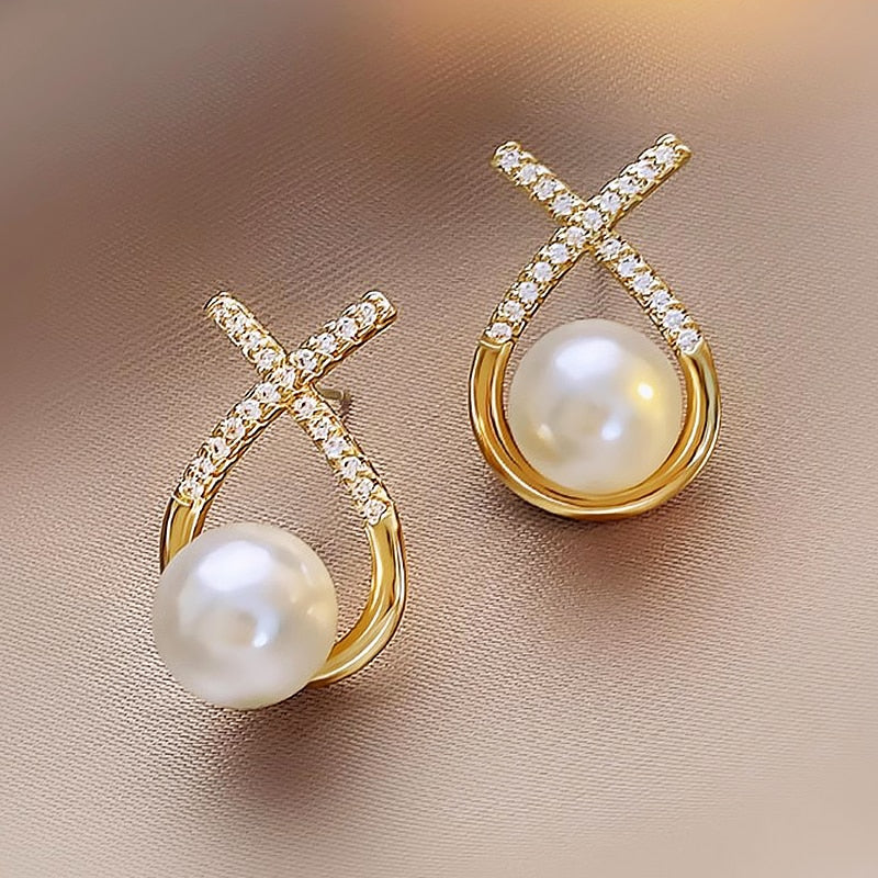 Gold Color Metal Fashion Korean Pearl Earrings For Women Sparkling Zircon Penda image 36