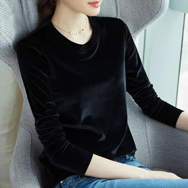 Spring Long Sleeve Loose Early Autumn T-shirt Women Gold Velvet Short Paragraph image 8