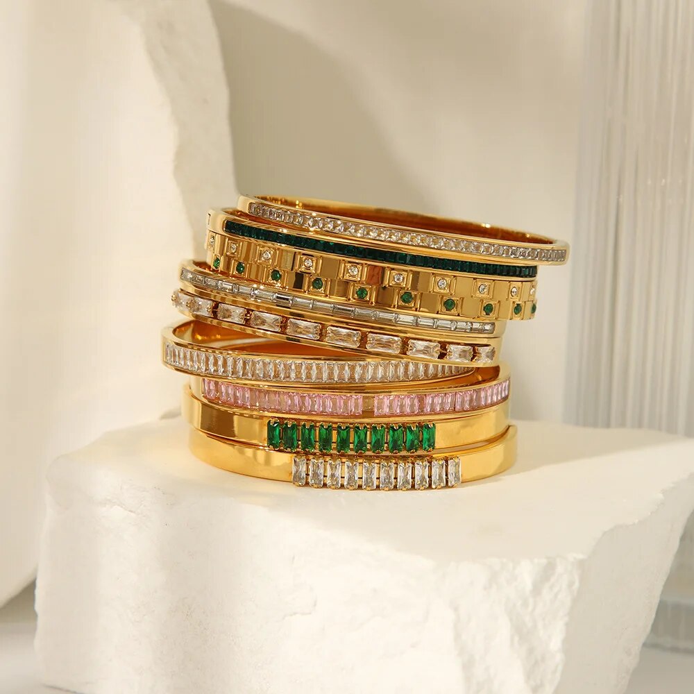 Waterproof Zirconia Cuff Bangles for Women Men 18k Gold Plated Stainless Steel image 33