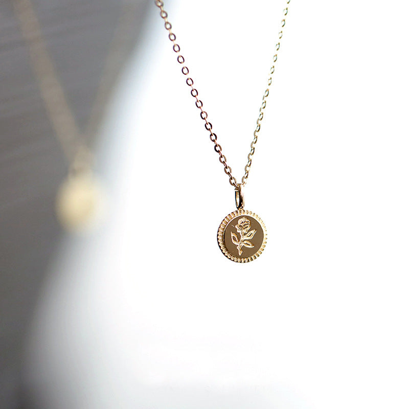 Rose small coin S925 sterling silver plated K gold necklace bead edge glossy ca image 4
