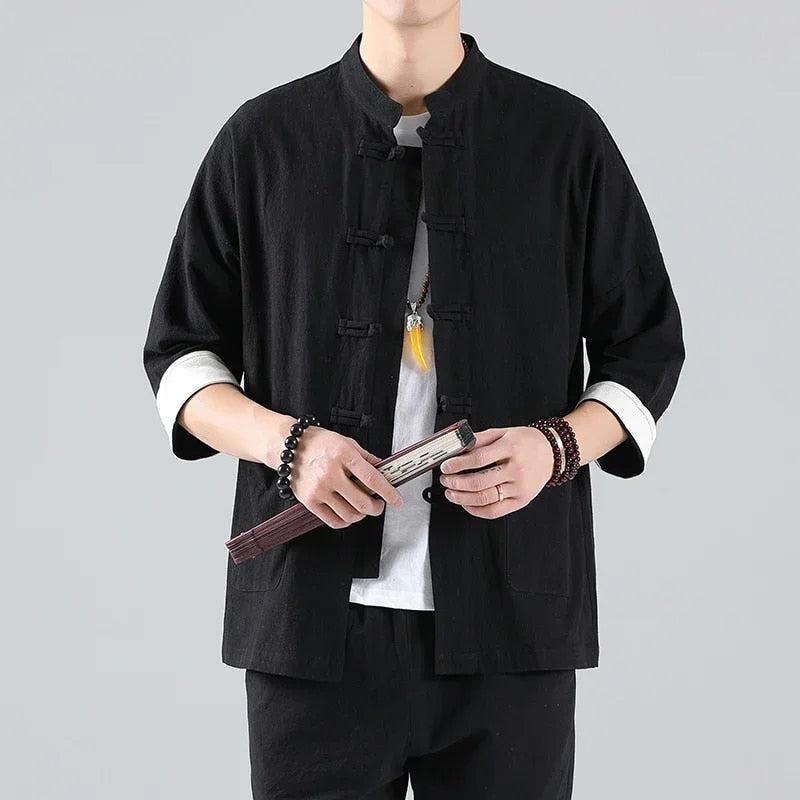 2022 New Chinese Style Mens Tops Tang Suit Linen Half Sleeve Solid Traditional image 5