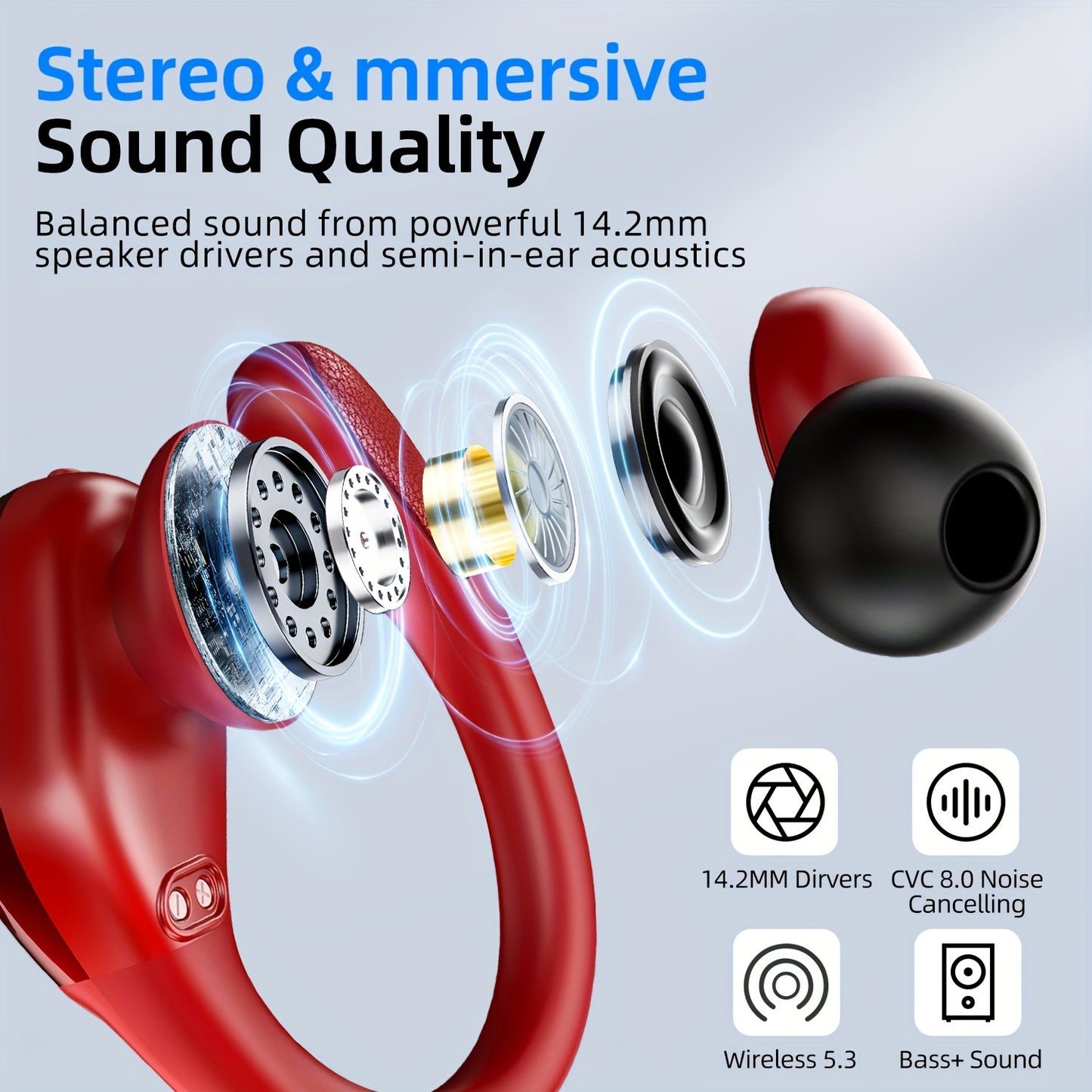 Wireless Earbuds For Running Sports Wireless Earphones With Earhooks, Dual-LED image 4
