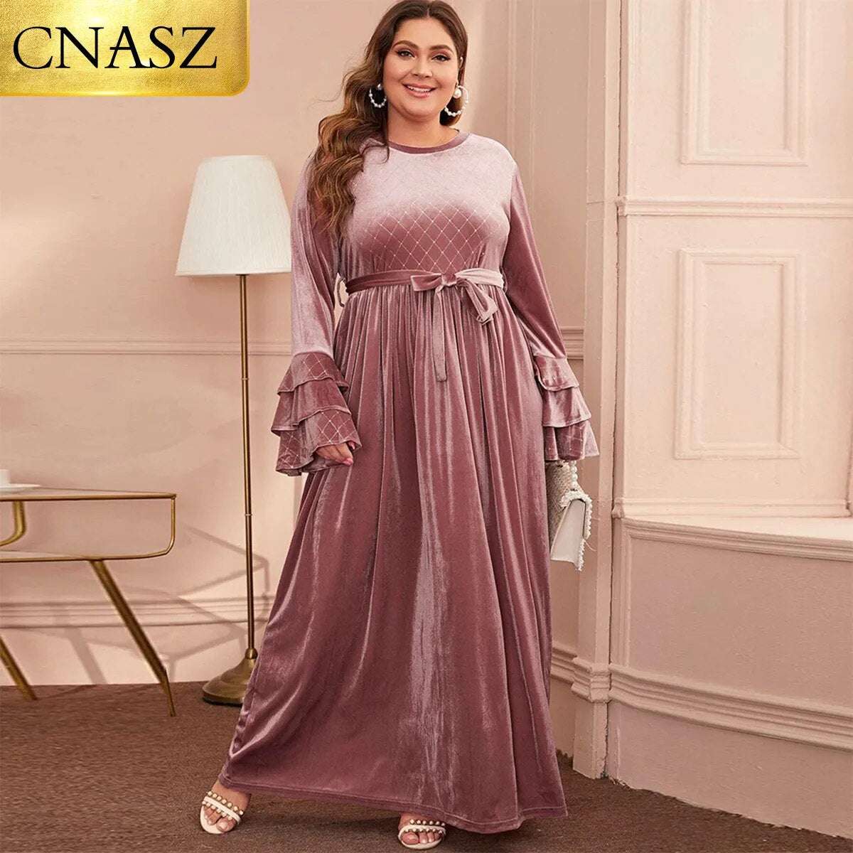Plus Size Women's Velvet Clothing Winter Bronzing Flare Sleeve Gold Casual Dres image 2
