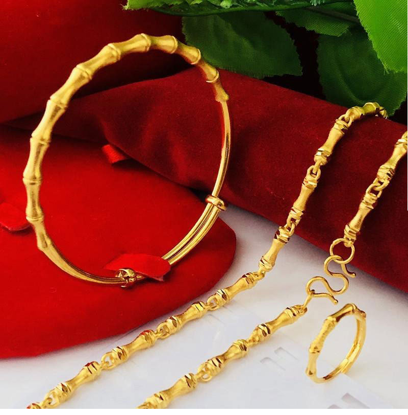 Pure 18k Gold Color Necklace Bangle Jewelry Sets Real Gold Chain for Women Fine image 2