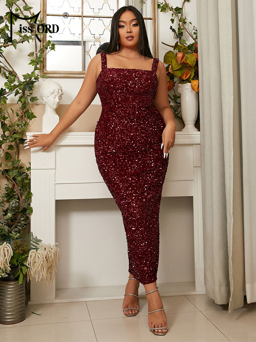 Missord Grey Sequin Midi Plus Size Wedding Party Dress Elegant Women Wide Strap image 3