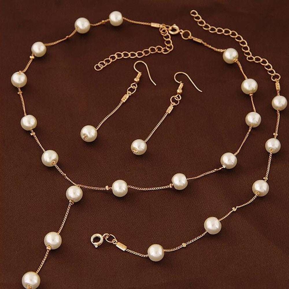 4pcs Gold-color Necklace Earring Bracelet Set Ladies Elegant Imitation-Pearls C image 0