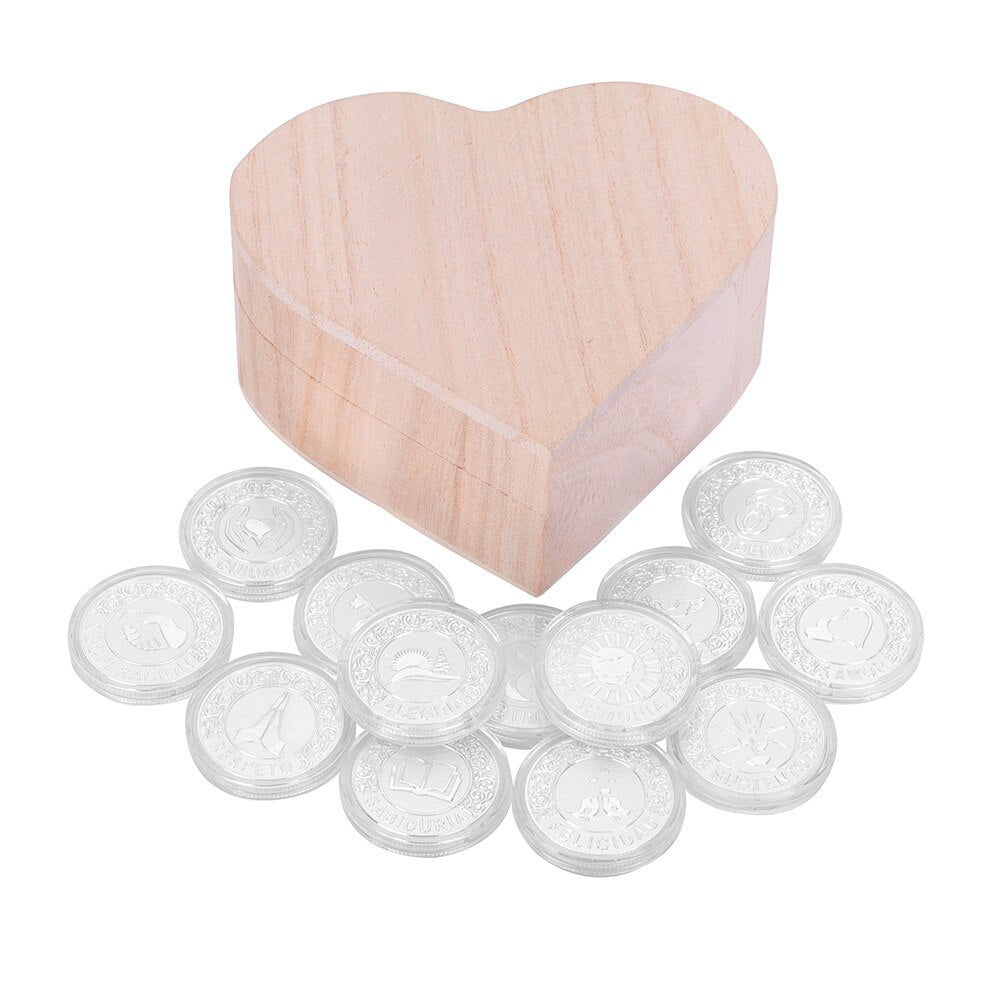 Spanish Golden Wedding Arras De Boda Unity Coins Set With Heart Wood Box Party image 4