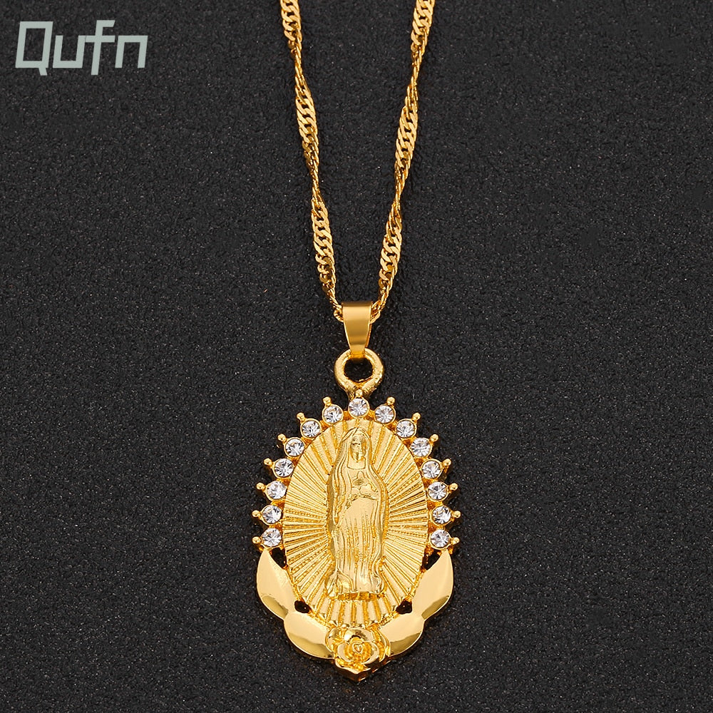 Virgin Mary Necklace Gold Color Bijoux Imitation Crystal Statement Necklace image 0