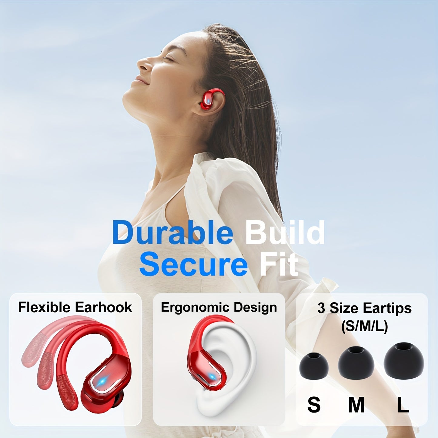 Wireless Earbuds For Running Sports Wireless Earphones With Earhooks, Dual-LED image 3
