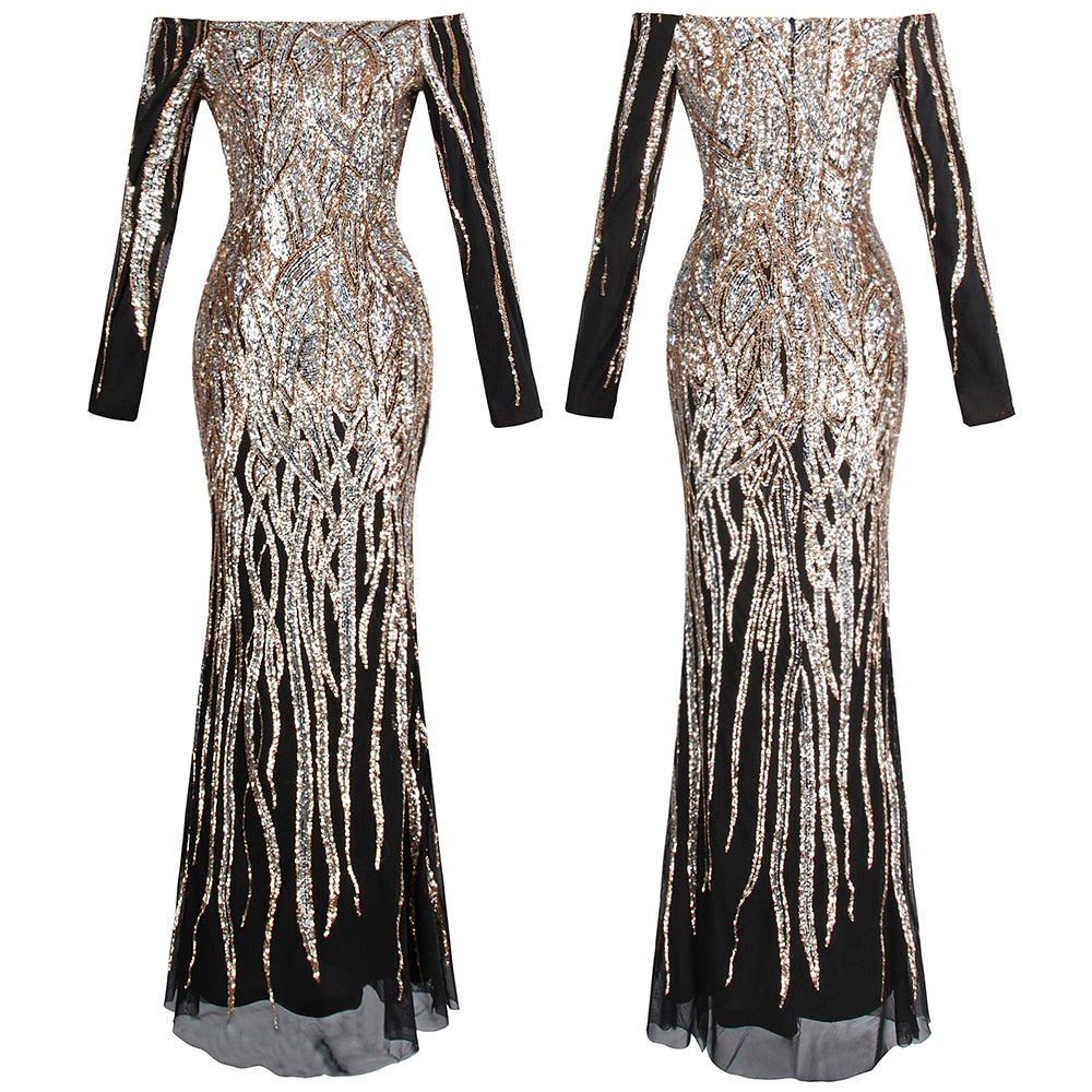 Angel-fashions Vintage Sequin Prom Gown Off Shoulder Long Sleeves Gold Silver B image 6