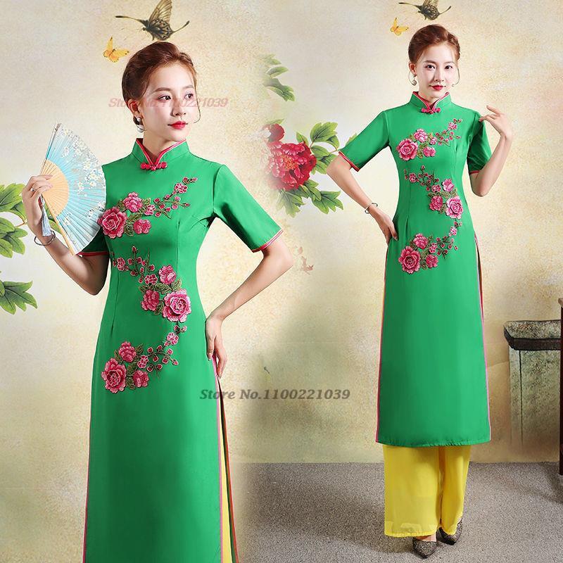 2024 traditional qipao dress cheongsam aodai vietnam aodai dress+pants set vint image 2