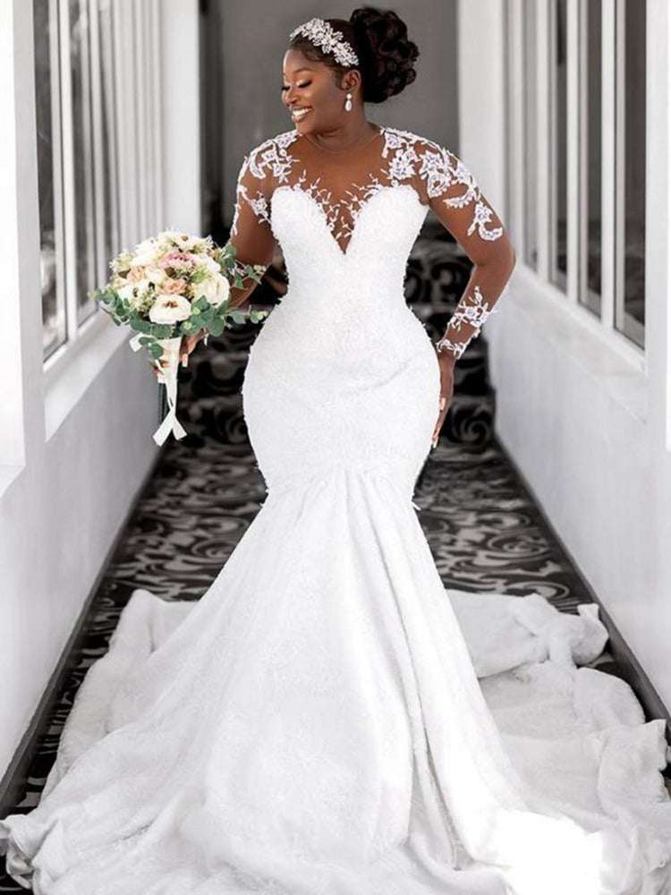 Luxury Sheer O-neck Mermaid Wedding Dress for Bride Robe De Mariée Dubai Africa image 0