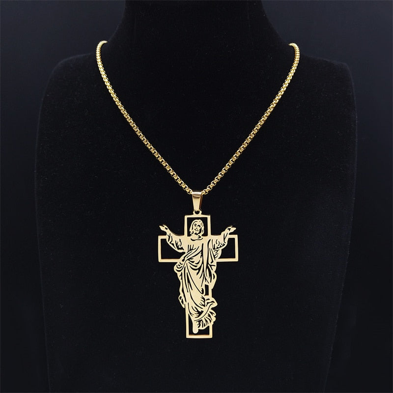 Jesus Cross Stainless Steel Pendant Necklace Gold Color Women/Men Religious image 10