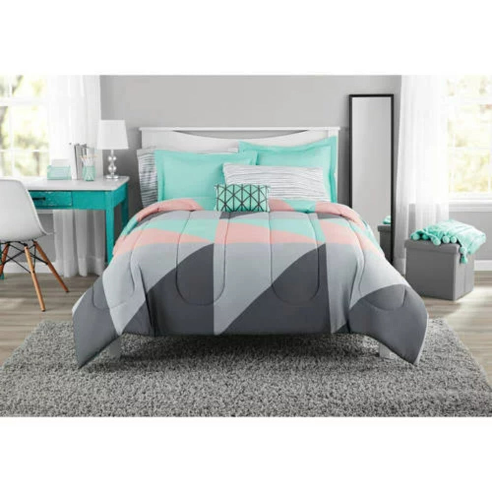 Mainstays Gray and Teal Geometric 8 Piece Bed in a Bag Comforter Set With Sheet image 2