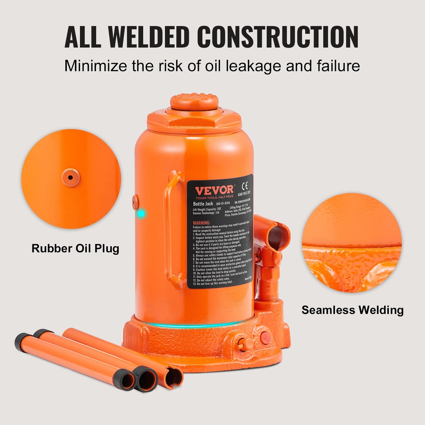 VEVOR Hydraulic Bottle Jack 20 Ton/44092 LBS All Welded Bottle Jack for Car Pic image 5