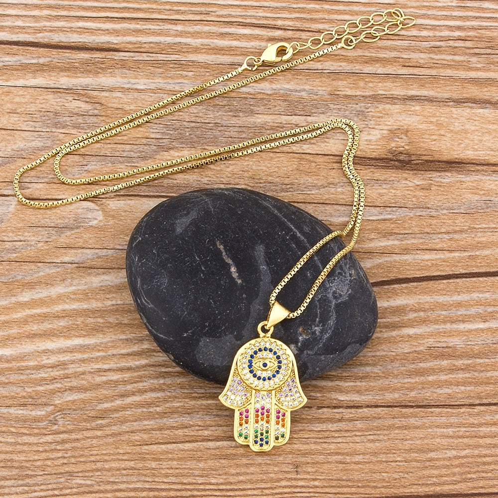 Hot Sale Women Men Hamsa Hand Necklace Gold Color Copper Zircon Evil Eye image 10