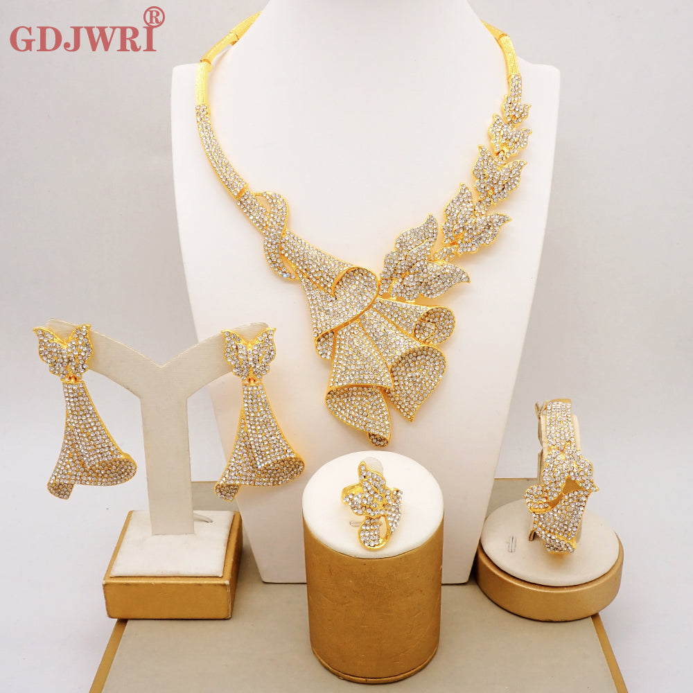 Latest Italian Dubai Gold Color Ladies Full Crystal Necklace Jewelry Set Simple image 16