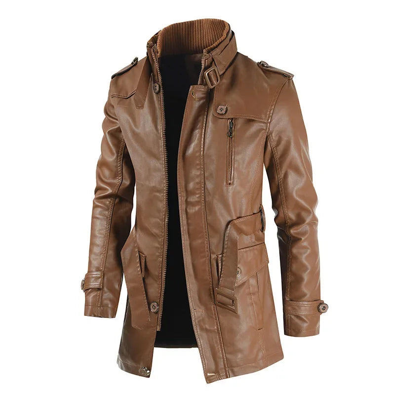 Men Winter Long Thick Fleece PU Leather Jacket Mens Streetwear Casual Business image 2