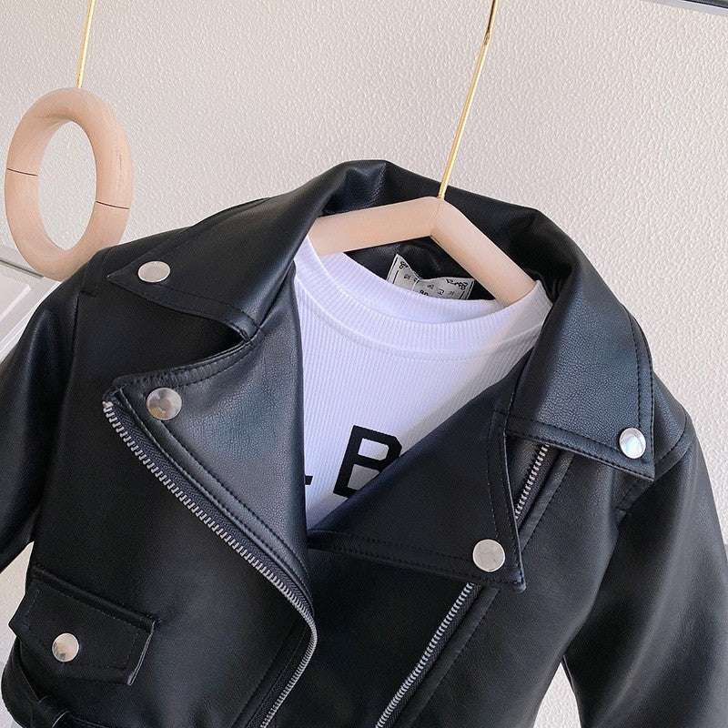 Autumn PU Leather Jackets Spring Kids Boys Girls Classics Handsome Lapel Zippe image 5