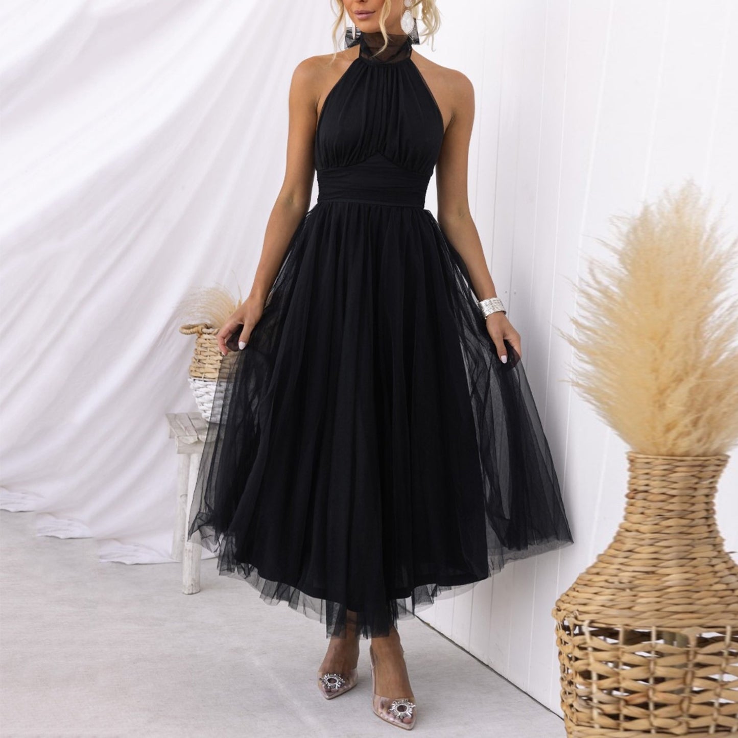 Sexy Halter Holiday Party Dress Women Off Shoulder Mesh Backless Pleated Dress image 3
