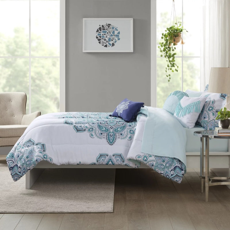 Mainstays Teal Medallion 10 Piece Bed in a Bag Comforter Bedding Set with Sheets image 4