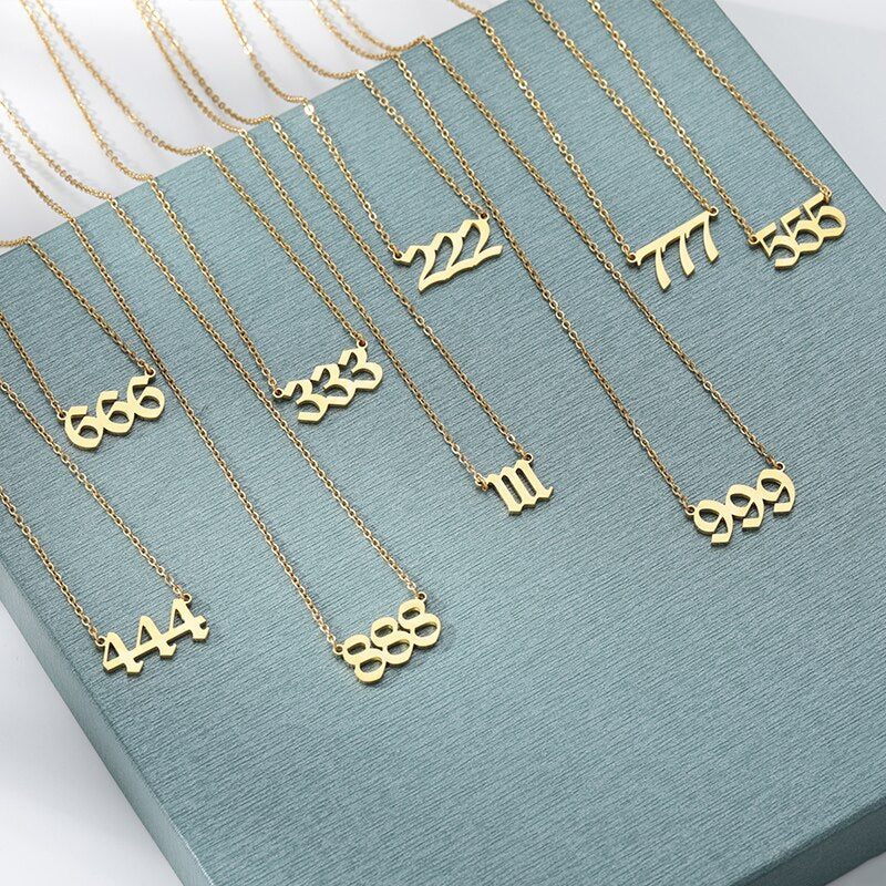 Old English Angel Number Necklaces For Women Men Gold Color Stainless Steel image 1