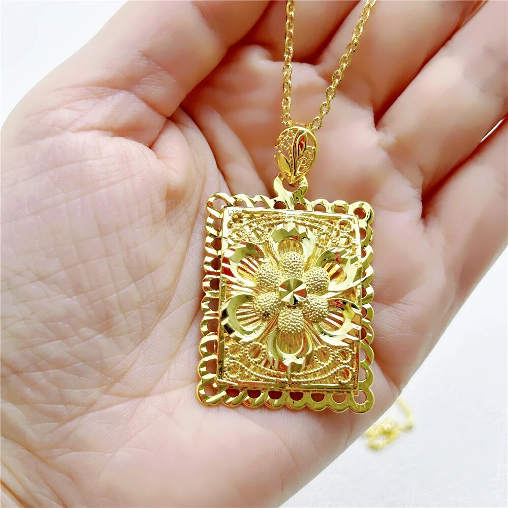 24K Gold Plated Charm Necklaces For Women Big Square Pendant Necklace Chain Col image 1