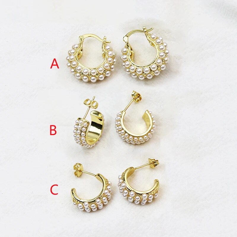 5 Pairs Fashion Design Elegant Pearls Hoop earrings Gold Plated Pearls Earring image 5