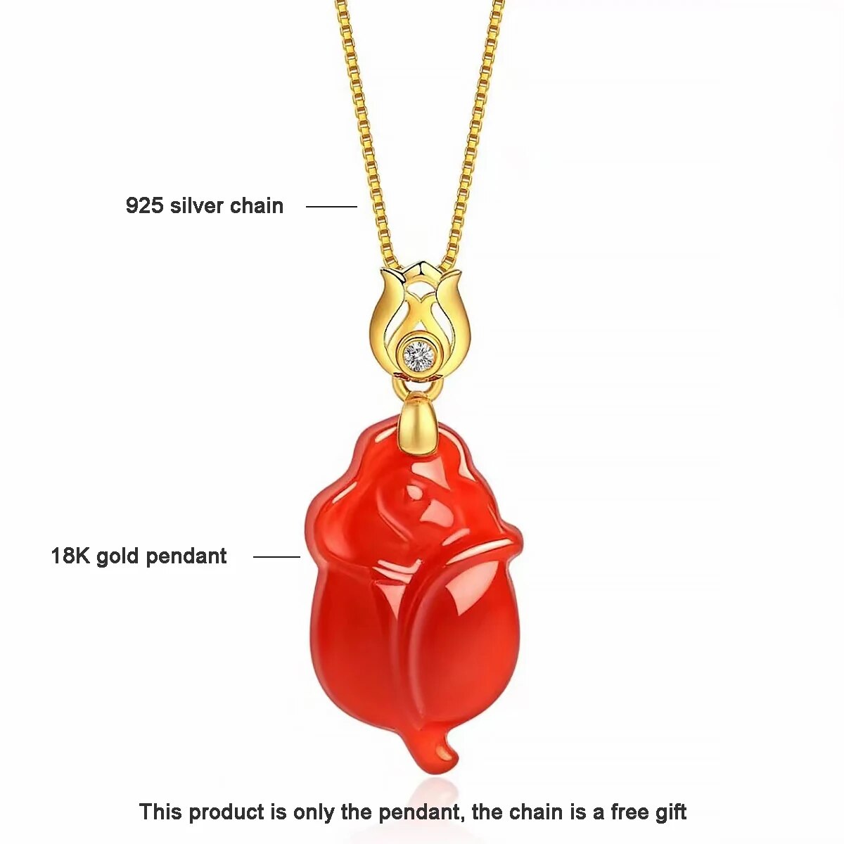 Real 18k Gold Necklace Natural Red Agate Pendant Pure AU750 Fine Jewelry Weddin image 1
