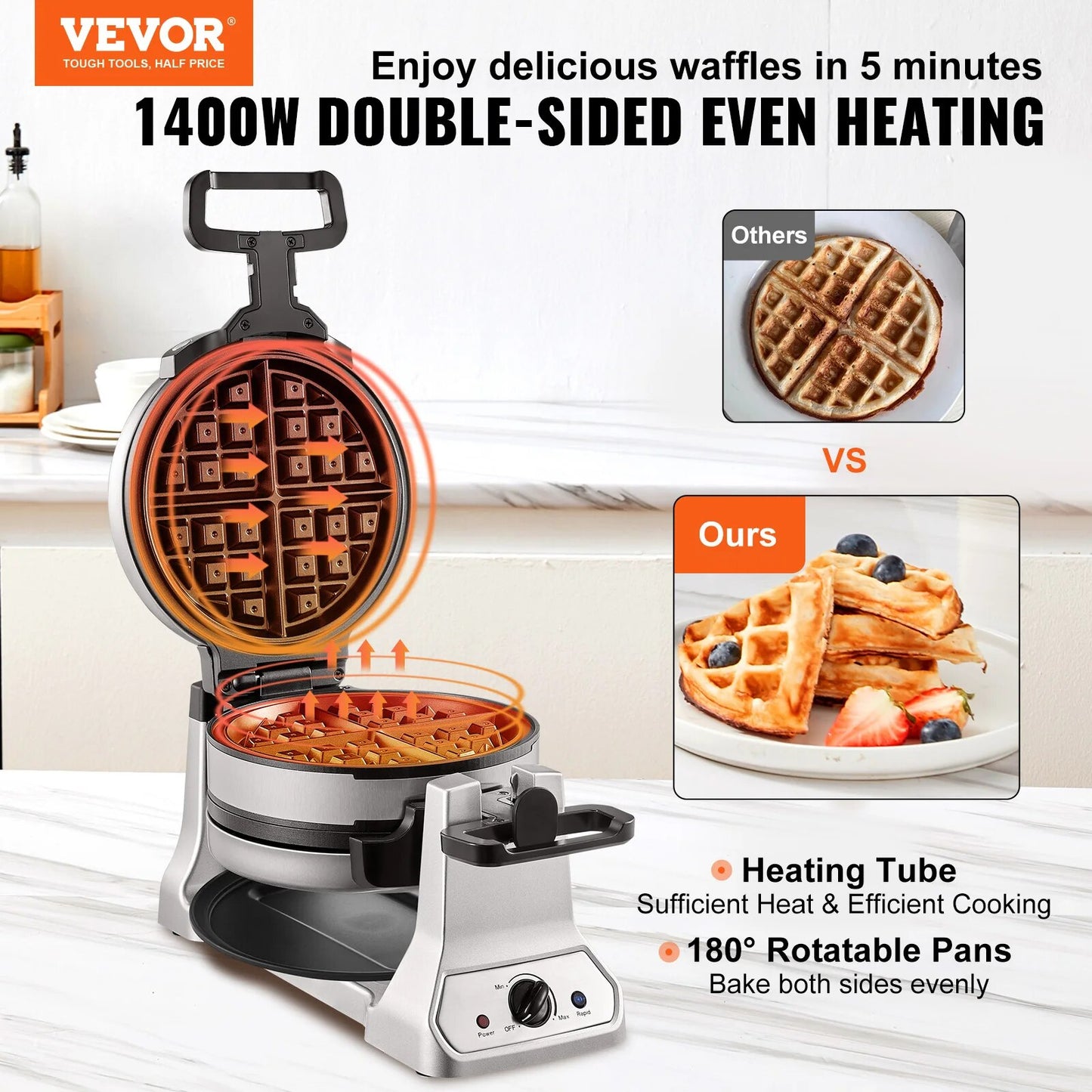 VEVOR 2-Layer Waffle Maker 1400W Round Waffle Iron Non-Stick Waffle Baker Machi image 2