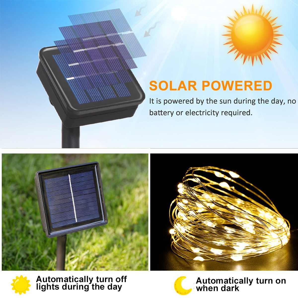 200/100/30LED 22/12/6.5M Solar Powered IP65 Waterproof Fairy String Copper Wire image 5