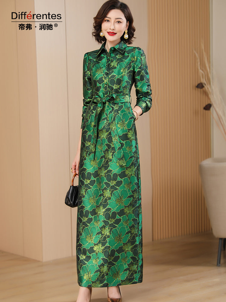 Spring Autumn Long Dress for Women Pencil Dress A-line Green Floral Slit Straig image 3