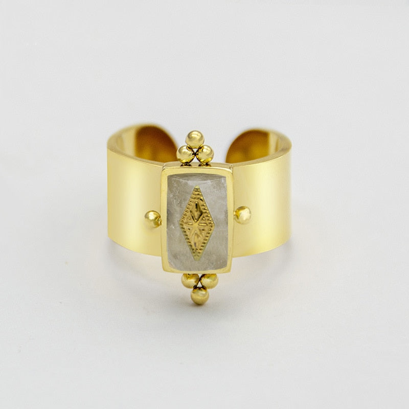 Creative Gold Plated Stainless Steel Rings for Women Simple Geometric Round Nat image 9